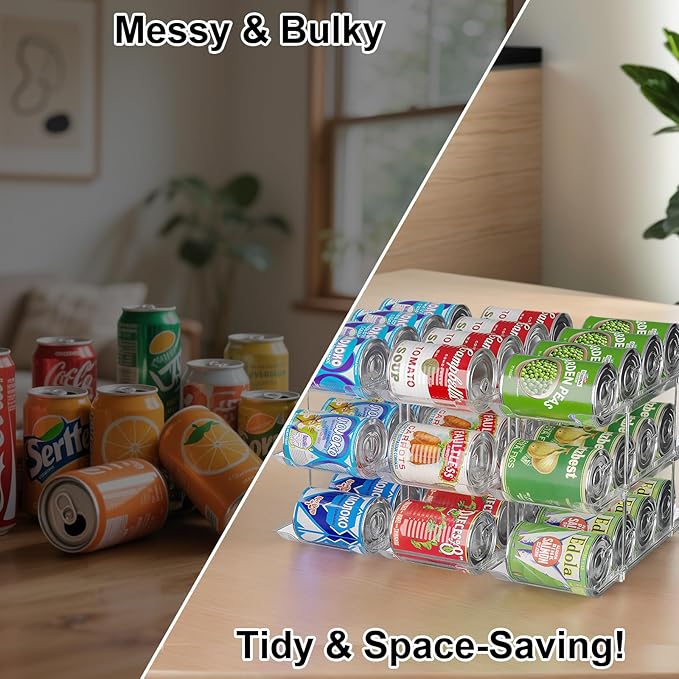 cjc Can Organizer for Pantry Stackable, Clear Can Organizer for Fridge, Auto-Rolling Pop Soda Pantry Organizers for 36 Cans, Storage Rack for Kitchen Cabinet (3 Sets 3 Tiers)