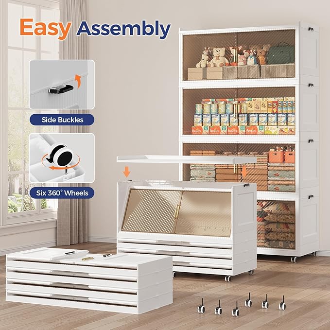 150 Gallon Extra Large Collapsible Storage Bin with Lid, 600QT Stackable Plastic Organizer with 6x Wheels, Foldable Drawer Cabinet for Closet, Living Room Office Dorm 3Pack, White