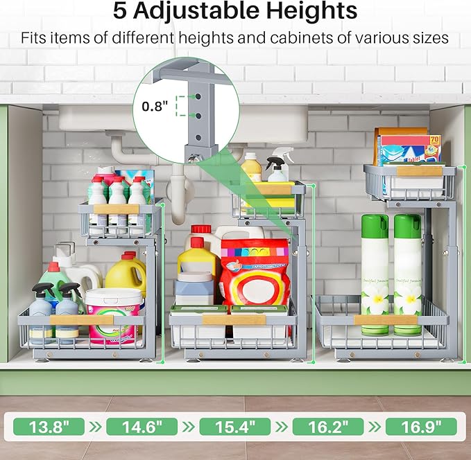 Pull out Cabinet Organizer, 1 Pack Under Sink Organizer, Slide out Metal Kitchen Cabinet Organizers Drawer Shelf, Sliding Storage Shelves for Kitchen Bathroom Pantry Closet Organization Rack(Grey)