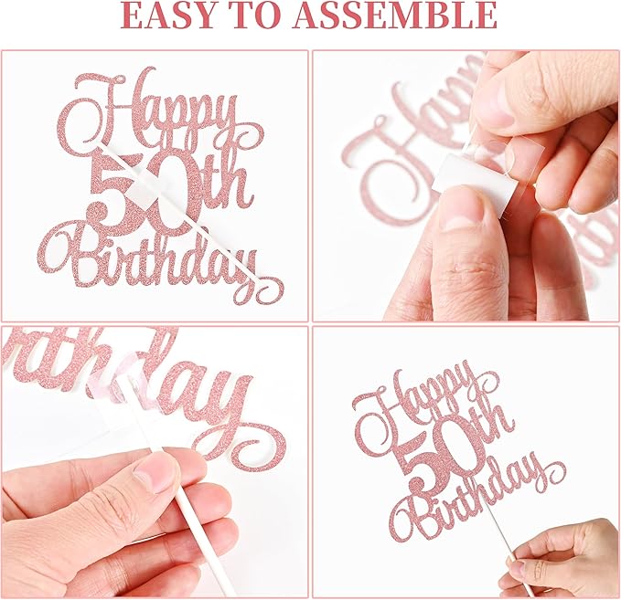 50th Birthday Cake Decorations, 50th Birthday Candles Cake Numeral Candles and Glitter Happy 50th Birthday Cake Toppers Set for Birthday Party Supplies (Rose Gold)