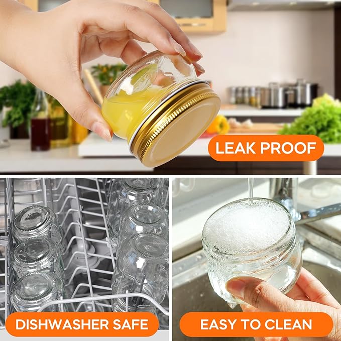 4 oz Mason Jars With Gold Lids, 24 Pack Regular Mouth Canning Jars for Jam, Honey, Yogurt, Spices, Snacks, DIY Projects, Wedding Favors- Includes 30 Stickers