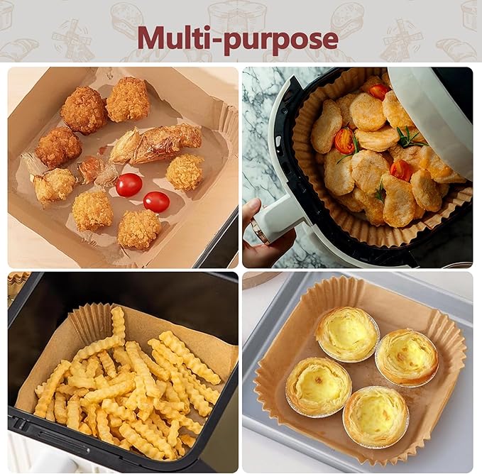 10 Inch Air Fryer Liners Disposable, 100 Pack Parchment Paper Sheets for Air Fryer Basket, Non-Stick, Disposable, Unbleached, Heat Resistant, Fits 5-8 QT Air Fryers, Oil-Free & Healthy Cooking