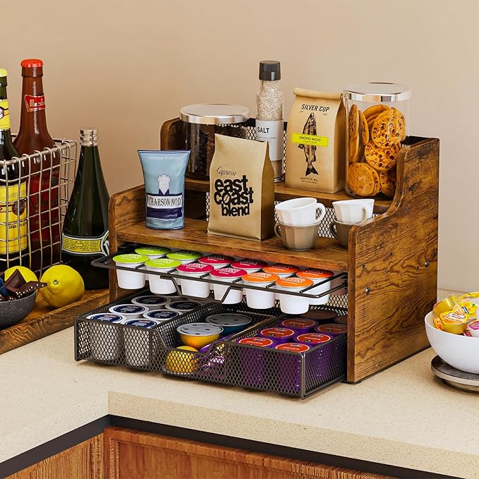 Coffee Pod Holder with Drawer & Dividers, 4-Tier Wood K Cup Organizer for Countertop, Coffee Bar Organizer Storage Box, Coffee Station Organizer for Kitchen Coffee Station