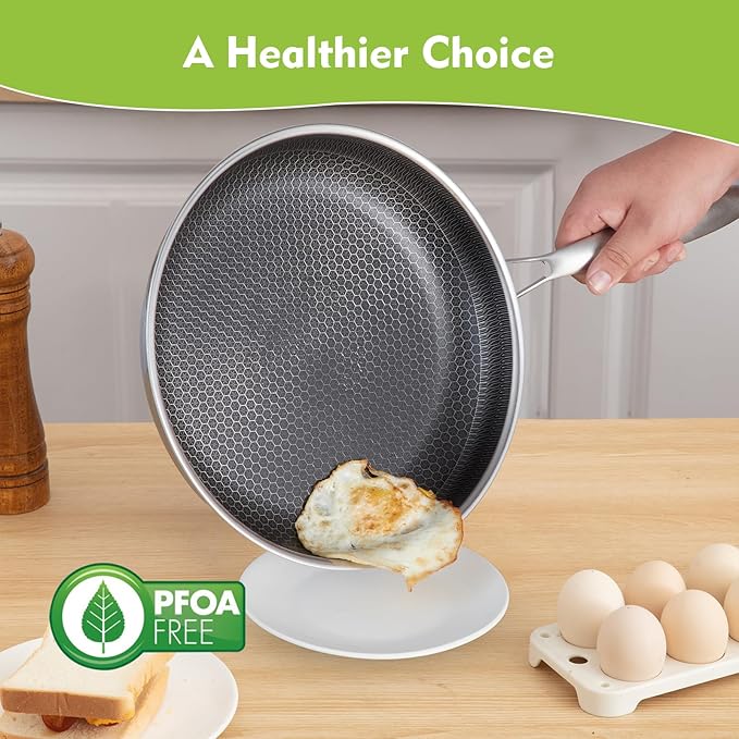 Nonstick Stainless Steel Frying Pan, 8 Inch Hybrid Frying Pan with Lid, Dishwasher and Oven Safe, PFOA Free, Home Use for All Stoves