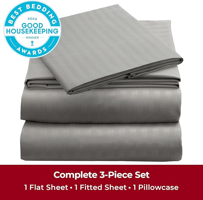 Mellanni Twin Sheets Set - 3 PC Iconic Collection Bedding - Hotel Luxury, Extra Soft, Cooling Bed Sheets - Wrinkle, Fade, Stain Resistant (Twin, Striped Gray/Silver)