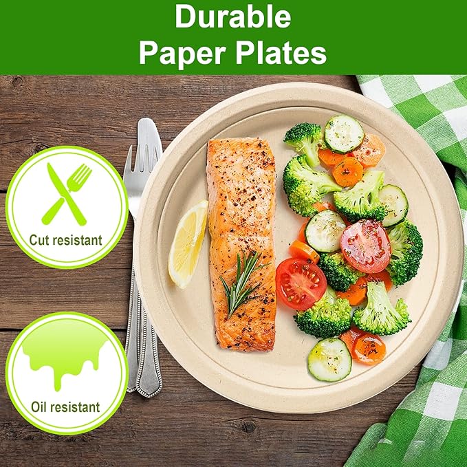 Paper Plates 9 inch, 150 Pack Compostable Paper Plates, Eco Friendly Disposable Plates, Brown Paper Plates Heavy Duty, Sturdy Paper Plates for Everyday, Biodegradable Plates