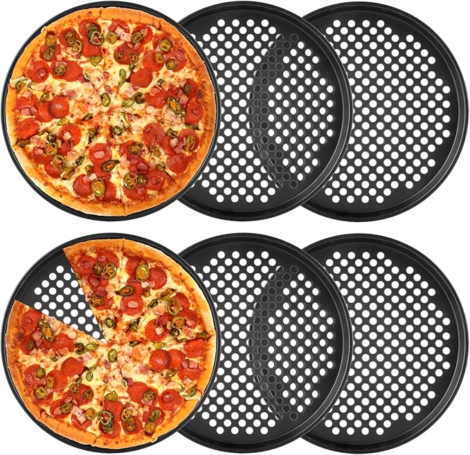 6PCS Pizza Pan with Holes 12 inch Round Pizza Pan Set Nonstick Pizza Baking Pan Carbon Steel Pizza Tray Black Pizza Crisper Pan for Home Baking Kitchen