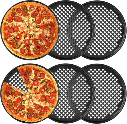6PCS Pizza Pan with Holes 12 inch Round Pizza Pan Set Nonstick Pizza Baking Pan Carbon Steel Pizza Tray Black Pizza Crisper Pan for Home Baking Kitchen