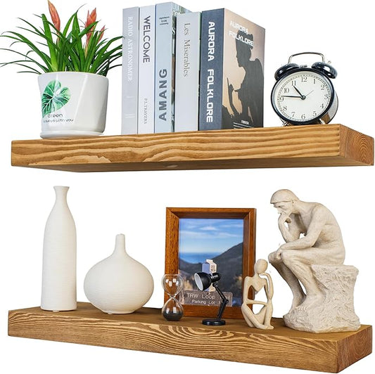 Rustic Floating Shelves 24 inch Long 8 inch deep Set of 2, Solid Wood Wall Shelves for Bedroom Living Room Kitchen,Book Shelf for Wall, Wall Mounted Shelves with Hidden Bracket- Golden Oak