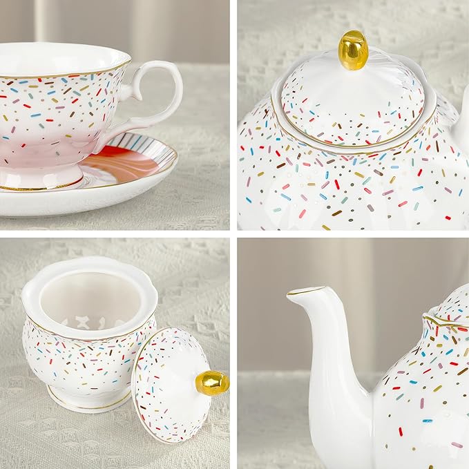 fanquare 21-Piece Red English Porcelain Tea Sets, 6 Cups and Saucers, Colorful Sprinkle Sugar Bone China Tea Set for Afternoon Tea Party, Birthday, Celebrations