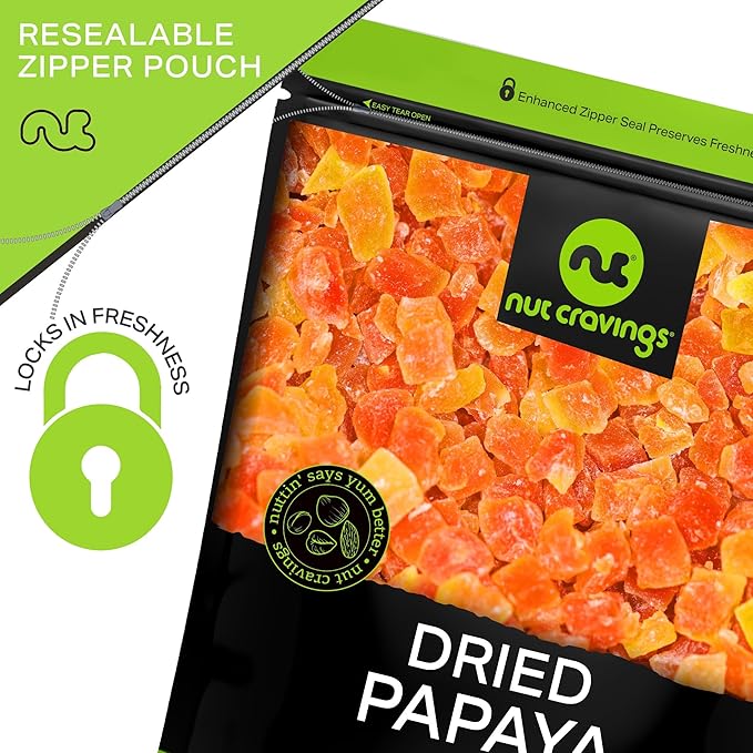 NUT CRAVINGS - Sun Dried Papaya Chunks, Lightly Sweetened (16oz, 1 LB) Bulk Dry Fruits Packed Fresh in Resealable Bag - Sweet Healthy Snack, Naturally Grown, Vegan, Kosher