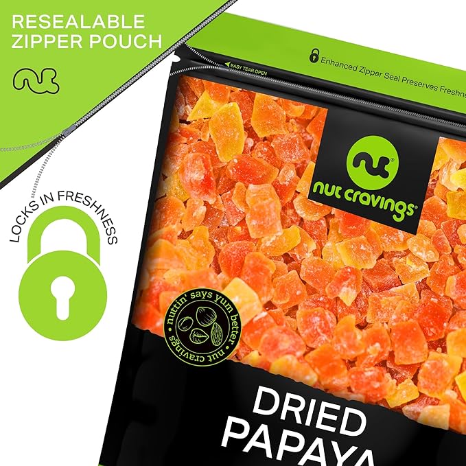 NUT CRAVINGS - Sun Dried Papaya Chunks, Lightly Sweetened (8oz, 1 Pack) Bulk Dry Fruits Packed Fresh in Resealable Bag - Sweet Healthy Snack, Naturally Grown, Vegan, Kosher