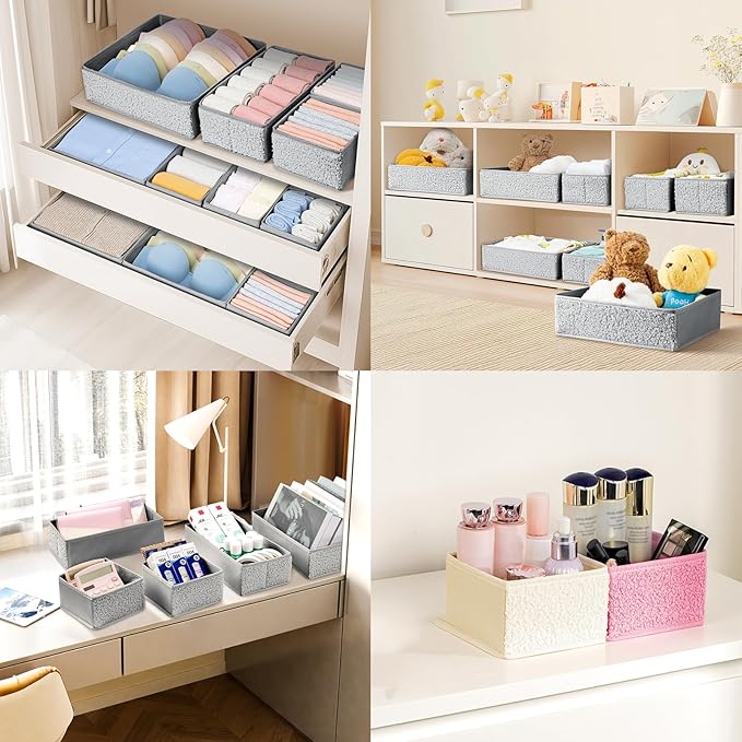 Drawer Organizer Clothes - 12 Pack Dresser Organizer for Nursery, Foldable Sock Underwear Organizer, Baby Drawer Organizer, Small Fabric Storage Bins for Dresser Drawer Closet, Grey