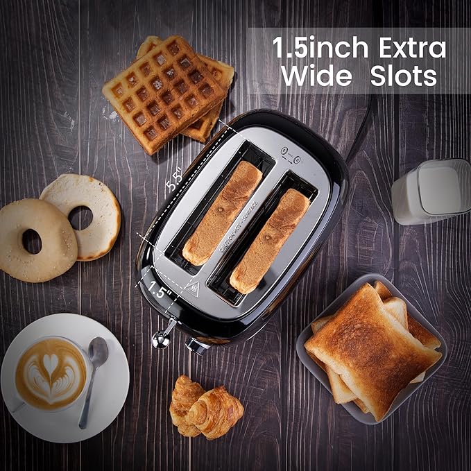 2 Slice Toaster Retro Stainless Steel with Bagel, Cancel, and Defrost Functions, 6 Bread Shade Settings, Extra Wide Slots and Removable Crumb Tray, Black