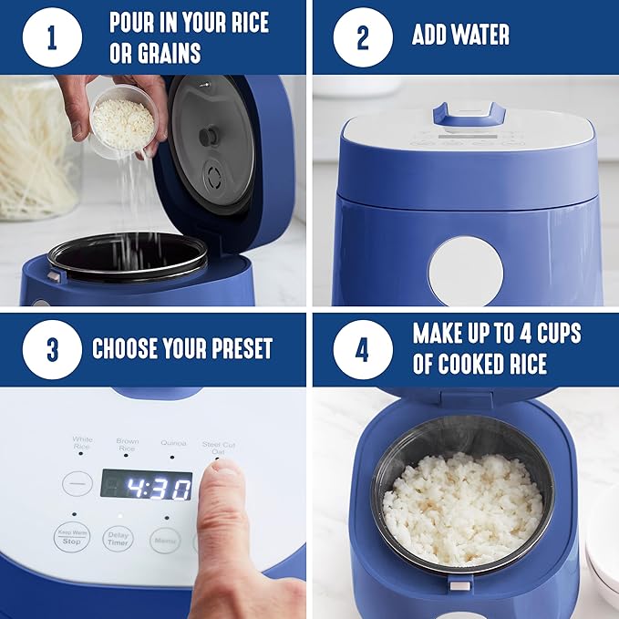 GreenLife Digital Rice Cooker, 2-Cups Uncooked/4-Cups Cooked, Removable Nonstick Ceramic PFAS-Free Pot, One-Touch Presets, Oats, Quinoa, Brown Rice, Auto Keep Warm, Fuzzy Logic Tech, 1.5 QT, Navy Blue