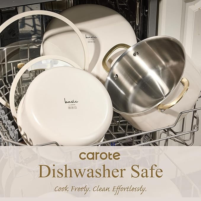 CAROTE 19pcs Tri-Ply Stainless Steel Cookware Set with Detachable Handle, Pots and Pans Set, Induction Kitchen Cooking Sets, RV/Camping Cookware, Outer Ceramic Layer, Oven Safe, Cream White