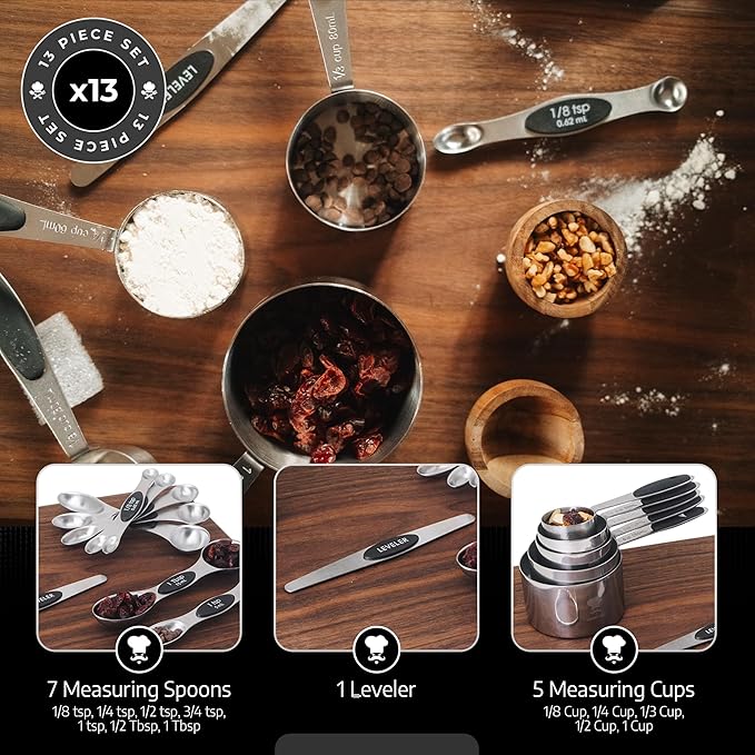 GRUMPY CHEF Stainless Steel Measuring Cups and Spoons Set with Magnetic Leveler – 13-Piece Nesting Set, Dual-Sided Magnetic Spoons, Flat Bottom Design for Stability – Rust-Resistant, Dishwasher Safe