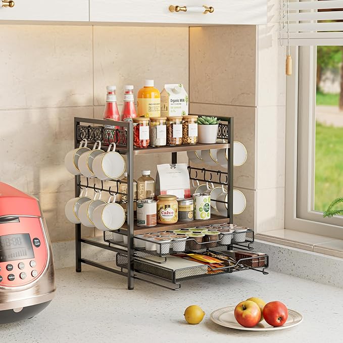 Coffee Bar Organizer, 4 Tier Coffee Station Organizer for Countertop, 30 K Cup Pod Drawer, Mug Cup Holder Stand with 12 Hooks, Multifunctional K Pods Shelf Storage Holder Drawer