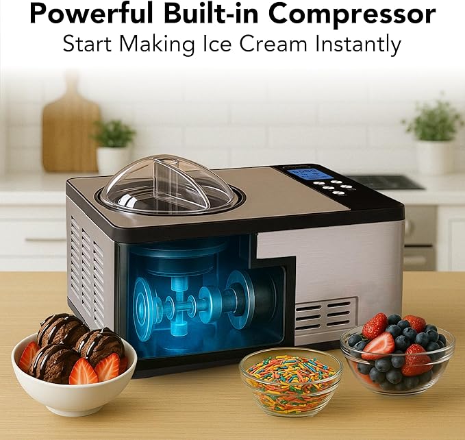 Whynter Ice Cream Maker Machine Automatic 2.1 Qt. with Built-In Compressor, LCD Digital Display & Timer, No Pre-Freezing, ICM-200LS, Stainless Steel