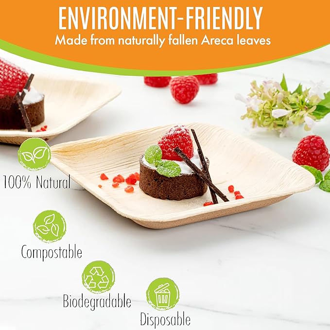 Raj Palm Leaf Plates [200-Pack] 6" Square Plates like Bamboo plates Disposable, Strong, Decorative Compostable Tableware for wedding, Lunch, Dinner, Birthday, Camping, Outdoor BBQ, Picnic