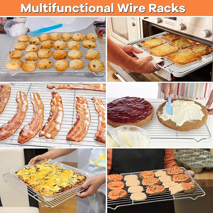 P&P CHEF Cooling Baking Rack Pack of 2, Stainless Steel Cooling Racks for Cooking Baking Roasting Grilling Drying, Dense Wires & Smooth Edge, Easy to clean, Silver, 16.6" x 11.5"