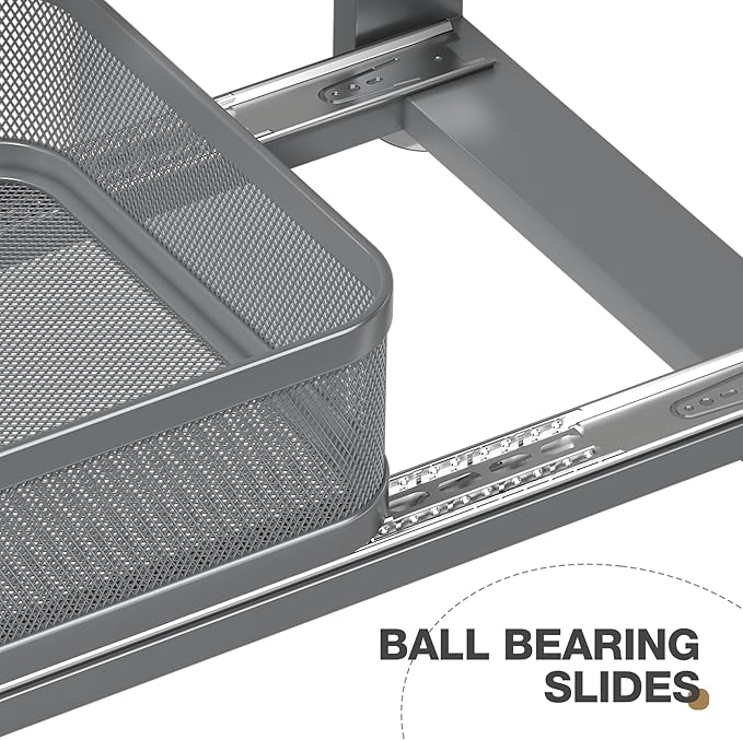 2 Pack 21IN-Depth Under Sink Organizer With Next-Gen Ball-Bearing Slides,2-Tier Precision Mesh Pull Out Cabinet Storage for Bathroom&Kitchen,Height Adjustable Drawers Shelf,Anti-rust-Grey