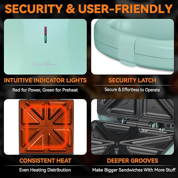 Baker’s Friend Breakfast Sandwich Maker, 4 Slices of Panini Grill Press Sandwich Maker, Electric Sandwich Maker with Indicator Light, Grill Cheese & Egg Muffin Sandwich Maker, Aqua