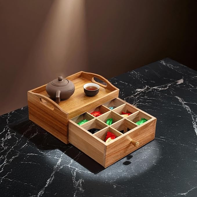 Tea Bag Holder Organizer, Tea Storage Organizer, Acacia Wood Drawer Interior 9 Grids & Teapots and Cups Can Be Placed on Top 10.4"X8.3"X5.4" Storage Box for Kitchen Countertop Organizer