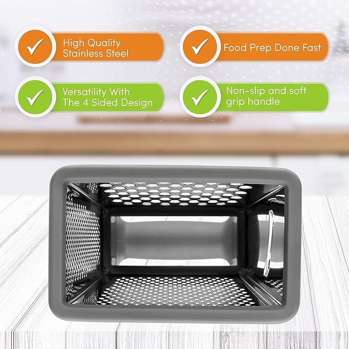 Spring Chef Professional Gray 10" Parmesan Cheese Grater With Container, Stainless Steel & Soft Grip Handle, 4 Sided Kitchen Carrot Shredder, Handheld Box Grater for Potato, Veggie, Ginger, Hashbrown