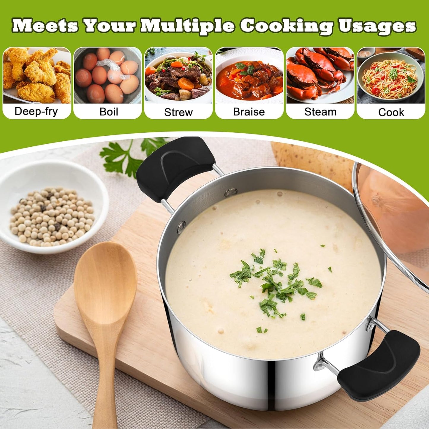 P&P CHEF Stainless Steel 3-Ply Sock Pot with Lid, Stockpot for Cooking Pasta & Stewing Soup, Fits Multi Stoves, Heat-proof Handle & Clear Lid, Heavy Duty & Dishwasher Safe, 5 Quarts