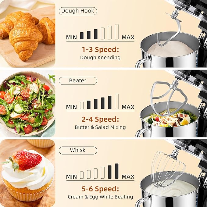 8.45 QT Stand Mixer - 660W 6 Speed Large Capacity Kitchen Electric Mixer with Whisk Dough Hook Mixing Beater Household Food Mixer for Baking Cakes Cookie Bread Salad (Black)