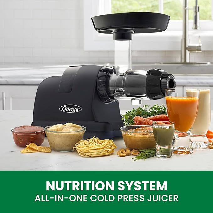 Omega Cold Press Juicer Machine, Vegetable and Fruit Juice Extractor and Nutrition System Makes Nut Milks Baby Food and Sorbets, Triple-Stage 80-RPM Slow Masticating Juicer, 200-Watts, Black