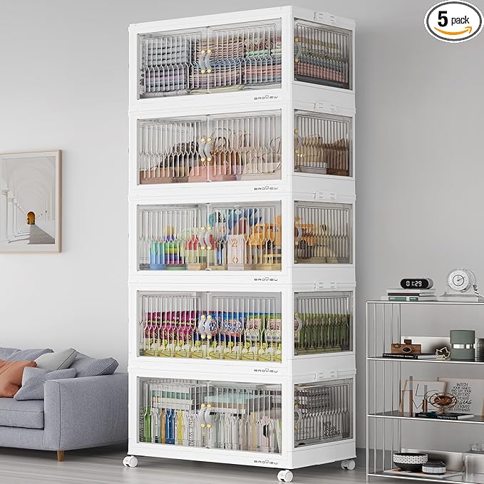 600QT Large Stackable Storage Bins with Lids, Plastic Closet Organizer and Storage Drawer, Collapsible Storage Box with Wheels, Folding Storage Cabinet with Doors for Home Kitchen, 5Pack White