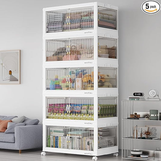 600QT Large Stackable Storage Bins with Lids, Plastic Closet Organizer and Storage Drawer, Collapsible Storage Box with Wheels, Folding Storage Cabinet with Doors for Home Kitchen, 5Pack White