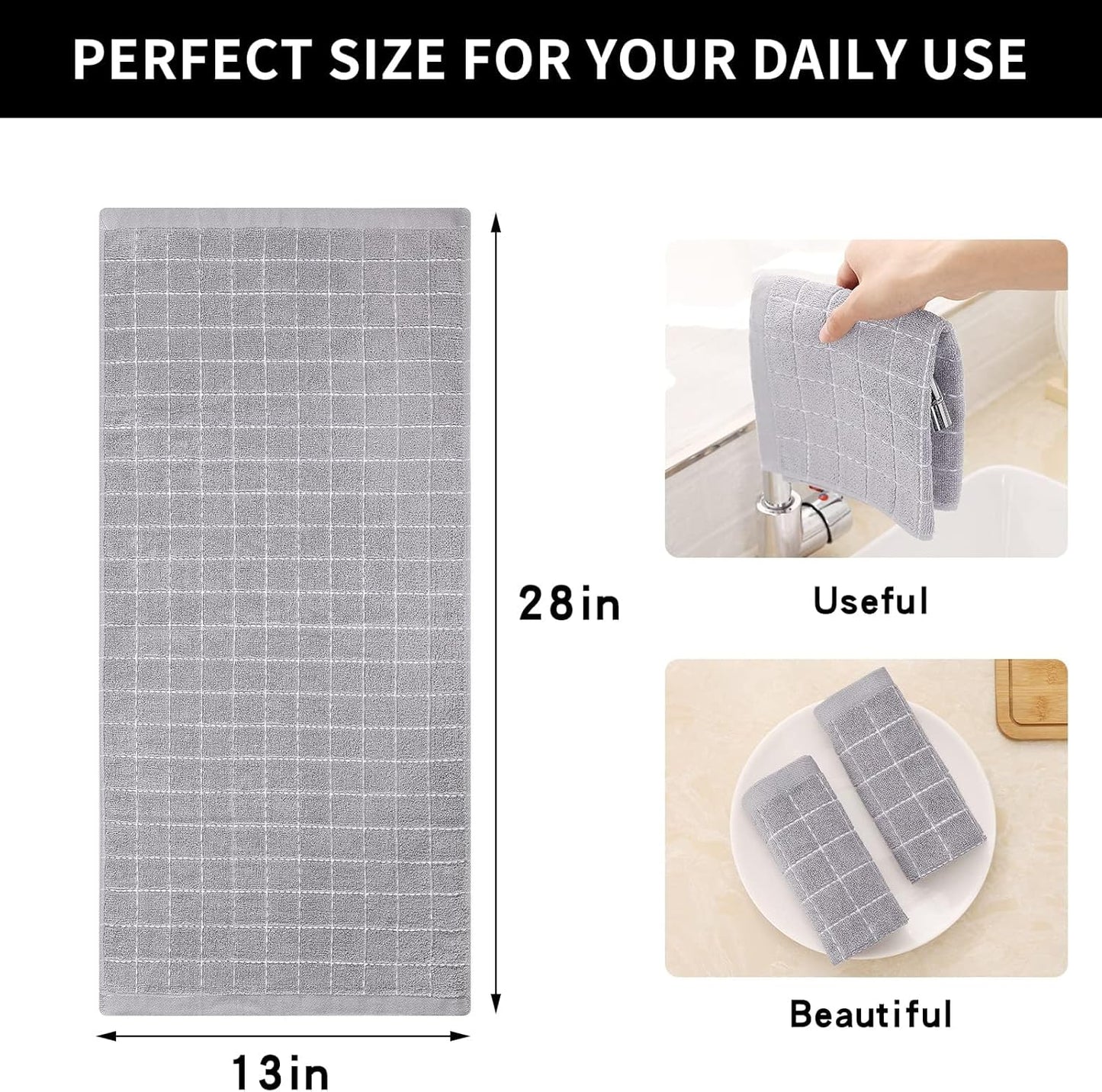 Homaxy 100% Cotton Terry Kitchen Towels(Light Grey, 13 x 28 inches), Checkered Designed, Soft and Super Absorbent Dish Towels, 12 Pack