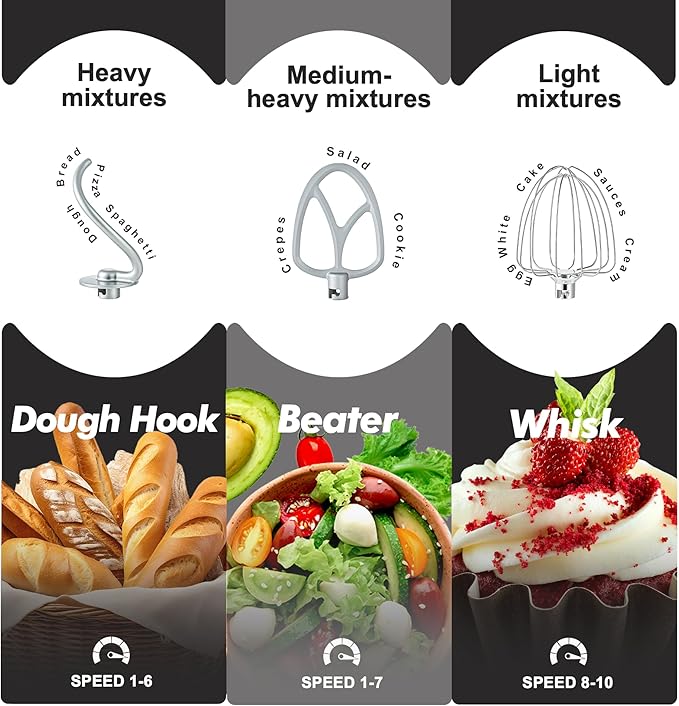 Kitchen in the box Stand Mixer, 4.5QT+5QT Two bowls Electric Food Mixer, 10 Speeds 3-IN-1 Kitchen Mixer for Daily Use with Egg Whisk,Dough Hook,Flat Beater (Onyx Black, 5QT)