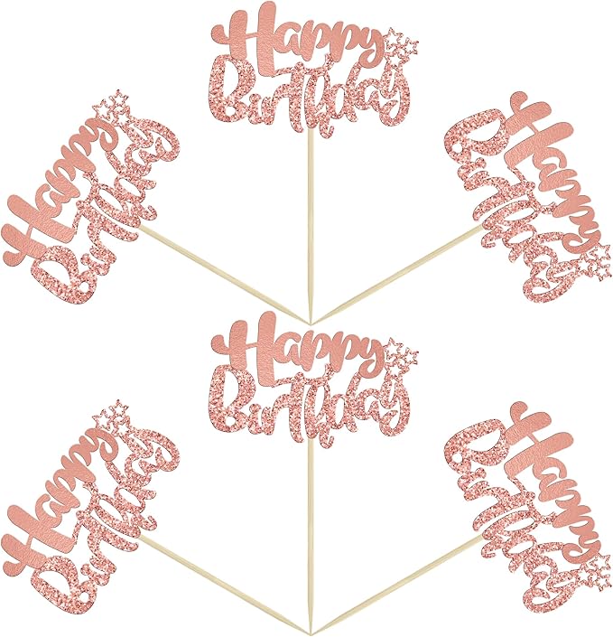 Ephlyn 24Pcs Rose Gold Happy Birthday Cupcake Toppers for Baby Shower, Kids, Boys, Girls Birthday & Anniversary Parties