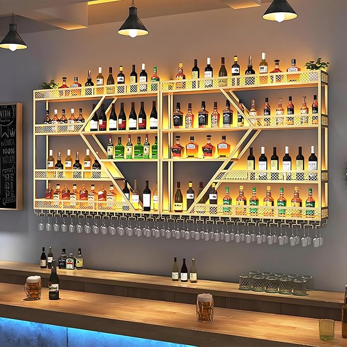 94.48in Metal Wine Rack Wall Mounted, Modern Wine Storage Rack Wall Mounted with Wine Glass Holder, Liquor Shelf, Bar Shelves for Liquor Bottles (4 Tiers Gold, 94.48 * 7.87 * 33.85INCH)