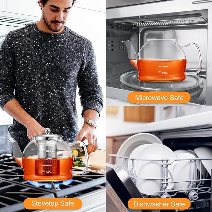 STNTUS Glass Teapot, 52 oz / 1500 ml for Loose Tea, Teapot with Infusers for Loose Tea, Stainless Steel Strainer, Tea Pot for Stove,