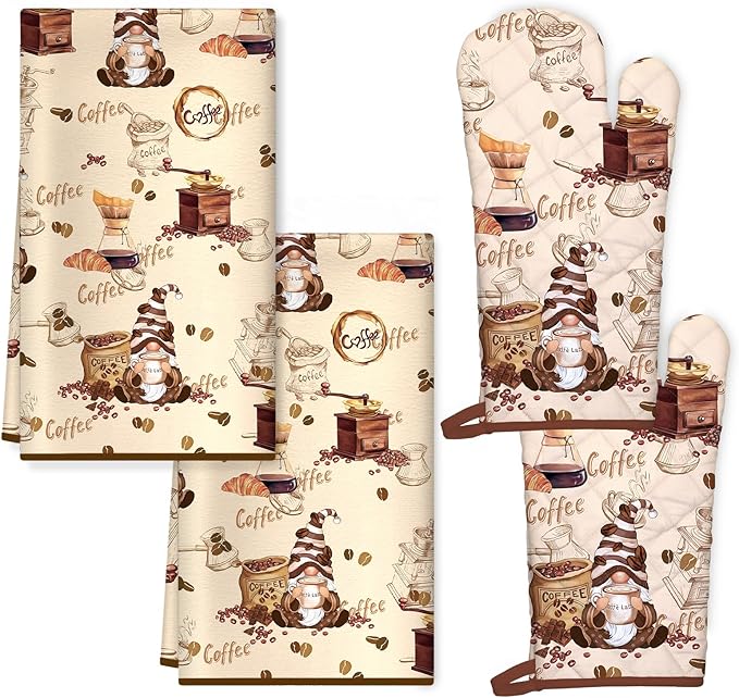 Vintage Coffee Kitchen Towels and Oven Mitts Set 4Pcs, Soft Absorbent Dish Cloth Heat Resistant Oven Gloves for Cooking Baking Kitchen Decoration, Gifts for Her