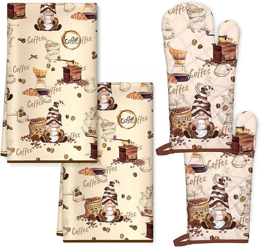 Vintage Coffee Kitchen Towels and Oven Mitts Set 4Pcs, Soft Absorbent Dish Cloth Heat Resistant Oven Gloves for Cooking Baking Kitchen Decoration, Gifts for Her