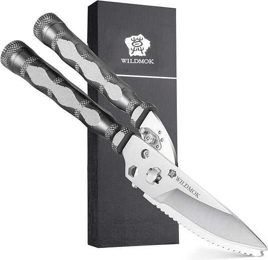 WILDMOK Heavy Duty Poultry Shears - 8.5 Inch Multi-function Stainless Steel Poultry Outdoor Shears, Ultra Sharp Kitchen Scissors for Outdoor Camp, Grey