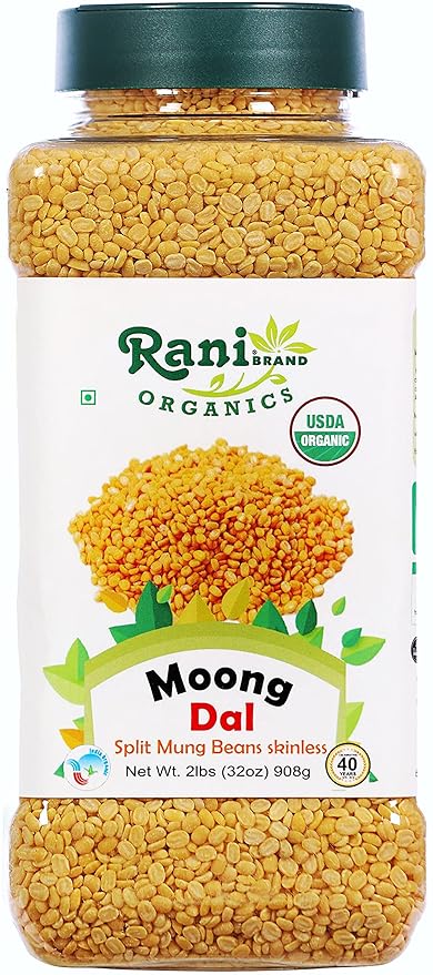 Rani Organic Moong Dal (Split Moong Beans Skinless) Indian Lentils 32oz (2lbs) 908g PET Jar ~ All Natural | Vegan | Gluten Friendly | NON-GMO | Indian Origin | USDA Certified Organic
