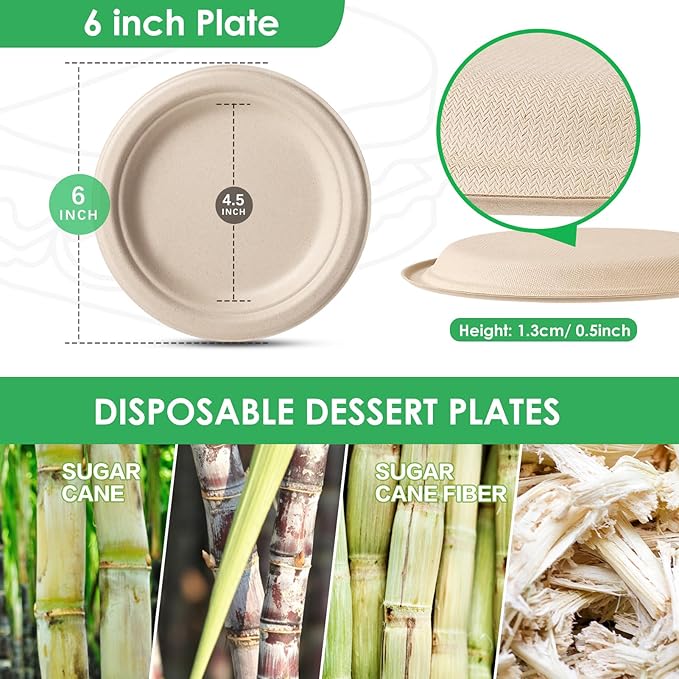 Gezond Compostable Small Paper Plates 6 Inch 125 Pack Dessert Plates Disposable Heavy-duty Made of Sugarcane Fiber