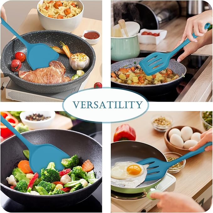 TeamFar Silicone Spatulas Set of 2, Solid & Slotted Cooking Turner for Non-stick Cookware, for Flipping/Turning/Frying, Healthy & Seamless, Heat-Resistant & Non-Scratch, Dishwasher Safe, Dark Blue