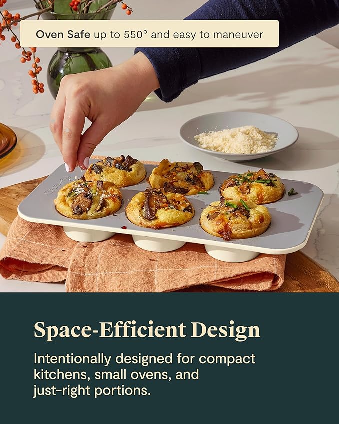 Caraway Nonstick Ceramic 6 Cup Muffin Pan – Non-Toxic, PTFE & PFOA Free – Oven Safe – Aluminized Steel Core – Small Muffin Pan for Baking Cupcakes, Muffins & More - White