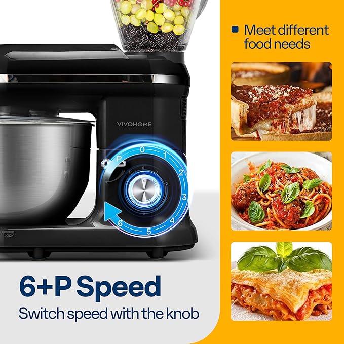 VIVOHOME 3 in 1 Multifunctional Stand Mixer with 6 Quart Stainless Steel Bowl, 650W 6 Speed Tilt-Head Meat Grinder, Juice Blender, Black