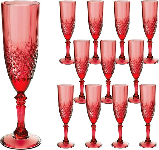 Plastic Champagne Flutes, 12PCS Dark Red Plastic Wine Glasses Goblets Reusable Champagne Flute for Christmas, Weddings, Bachelor Parties, Toasting, and Events(12, Dark Red)