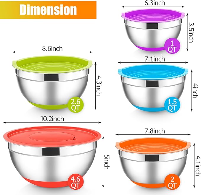 E-far Stainless Steel Mixing Bowls with Lids Set, 5-Piece Nesting Salad Bowls with 3 Grater Attachments and Non-Slip Bottoms, Size 4.6, 2.6, 2, 1.5, 1QT for Kitchen (Colorful)