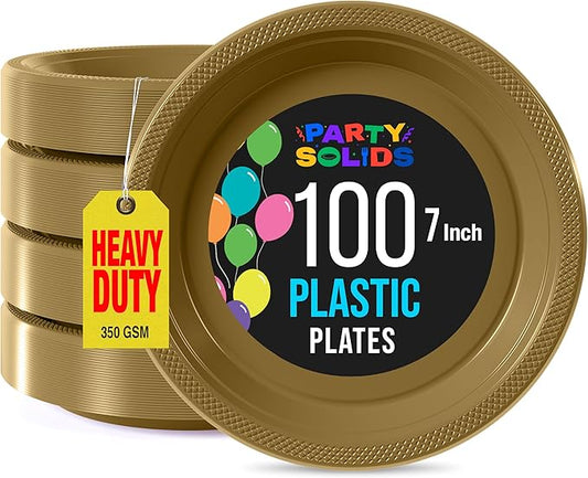 Exquisite Party Solids Gold Plastic Plates For Party 7" Gold Disposable Plates Heavy Duty Supplies 100 Pcs Plastic Dinnerware Sets Heavy Duty 350 GSM Disposable Dinnerware Set